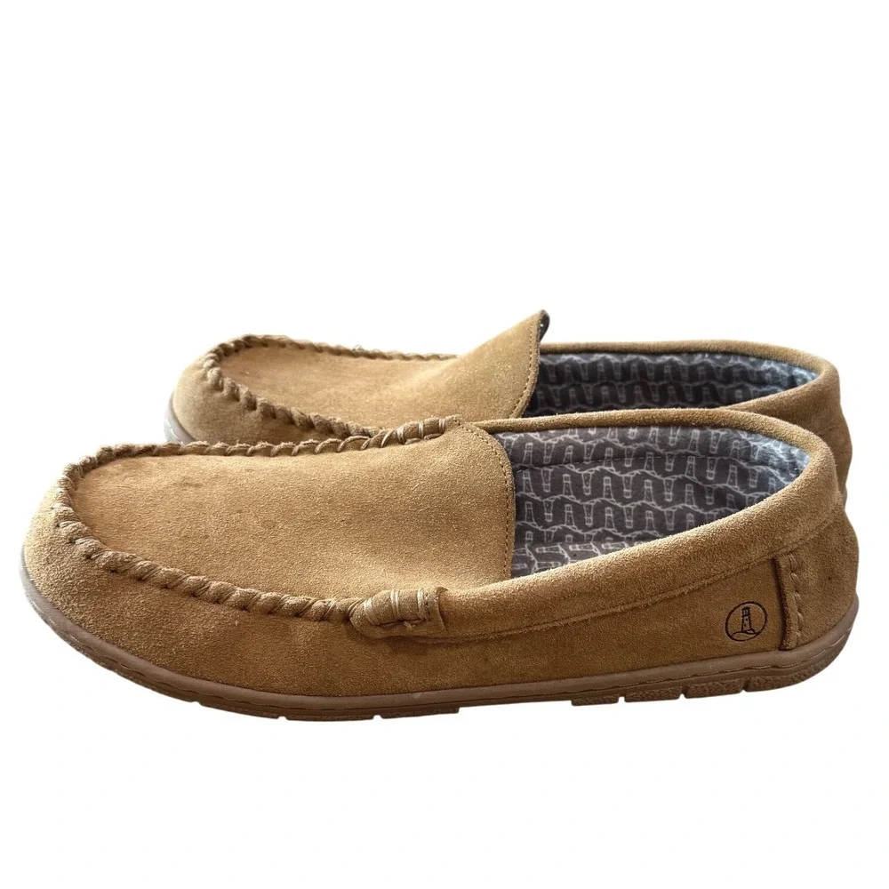 Lands' End Moccasin Slippers Mens 11 Tan Suede Whipstitch Indoor Outdoor